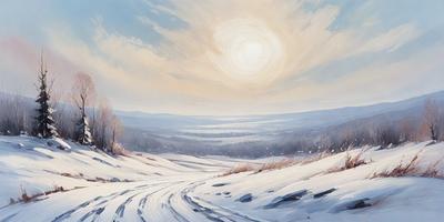 The primary subject of the image is a snowy landscape with a road and a sunset in the background. The setting is a snow-covered field with a mountain range visible in the distance. The visual style is a painting, which gives the scene a more artistic and dramatic appearance. The colors and mood of the image are predominantly cold and serene, with the sunset casting a warm glow over the snowy landscape.